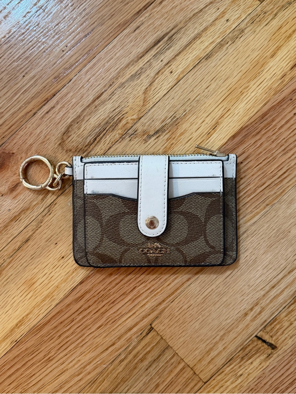 Coach Brown Signature Canvas Card Case Keyring with White Leather Trim